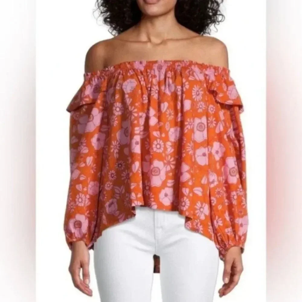 FREE PEOPLE Miss Daisy Floral Off Shoulder Top Ruffle Puff Sleeve Heat Wave Sz M